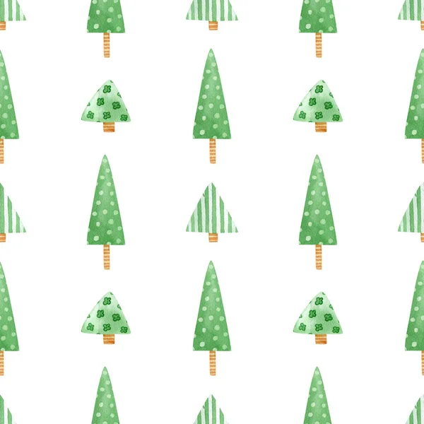 シームレスなクリスマスツリーパターン 包装紙 繊維のための漫画緑のクリスマスツリーと水彩休日の背景 — ストック写真