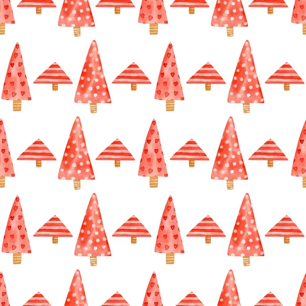 Seamless christmas tree pattern. Watercolor background with cartoon red christmas trees with various textures for wrapping paper, textile