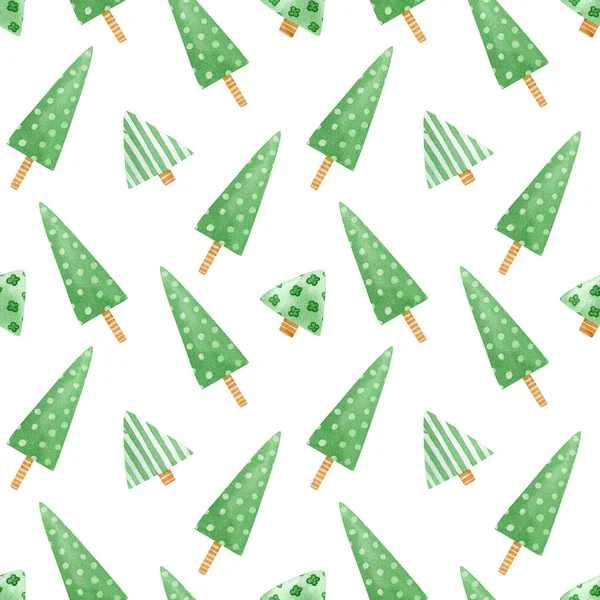 シームレスなクリスマスツリーパターン 繊維を包むためのドットとラインを持つ漫画緑のクリスマスツリーと水彩休日の背景 — ストック写真