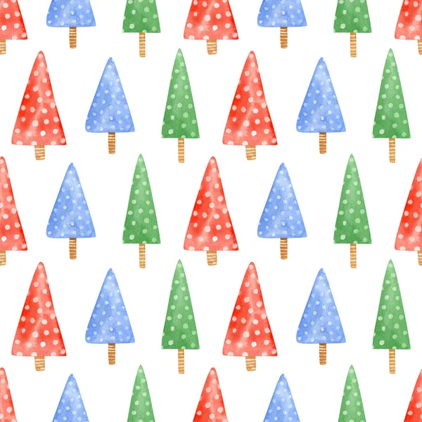 シームレスなクリスマスツリーパターン 包装紙 繊維のためのドットテクスチャを持つ漫画緑 赤と青のクリスマスツリーと水彩休日の背景 — ストック写真
