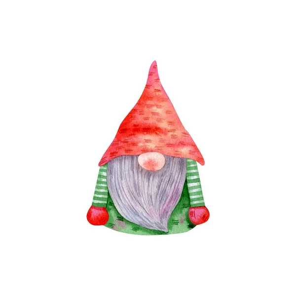 北欧のノームのイラスト 水の色かわいいノーム 赤い帽子のサンタクラスと休日の装飾グリーティングカードのデザインのための緑の布 — ストック写真
