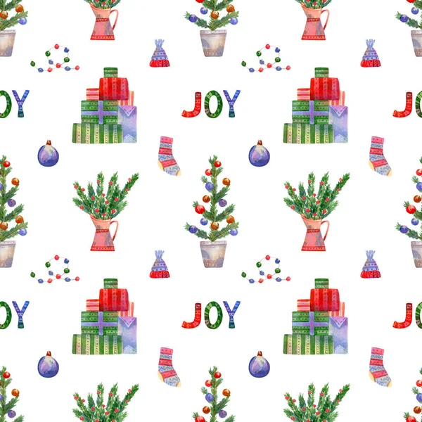 Nahtloses Weihnachtsmuster Aquarell Hintergrund Mit Weihnachtsbaum Krug Socken Hut Girlanden — Stockfoto