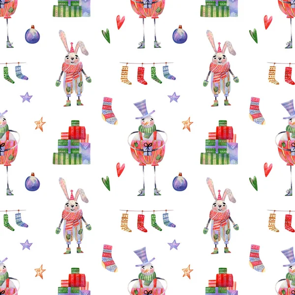 Seamless snowman and bunny pattern. Watercolor christmas background with cute winter characters, presents, hearts, stars, garlands, socks for wrapping paper, holidays textile