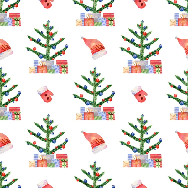 Seamless Christmas Tree Presents Pattern Watercolor Background Christmas Tree Decorations — Stock Photo, Image