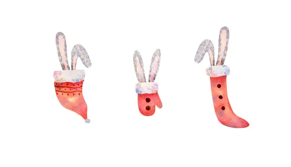 Рождественская Коллекция Шляпе Носках Варежках Кроличьими Ушами Акварель Открыток Праздничного — стоковое фото