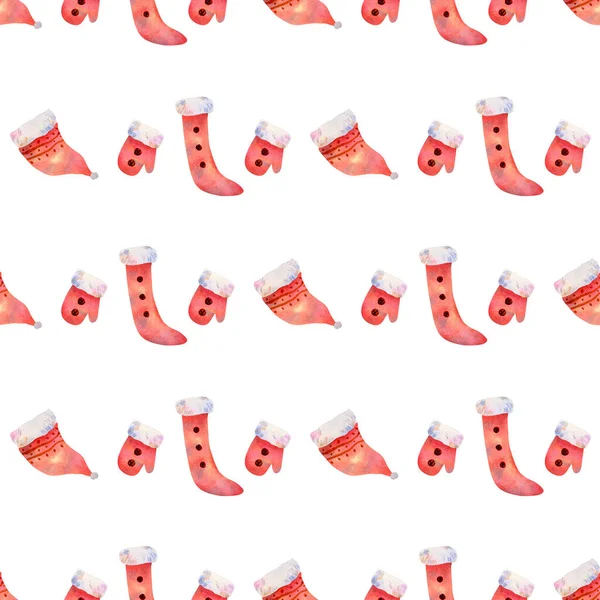Nahtloses Weihnachtsmuster Aquarell Hintergrund Mit Roten Socken Fäustlingen Und Hut — Stockfoto