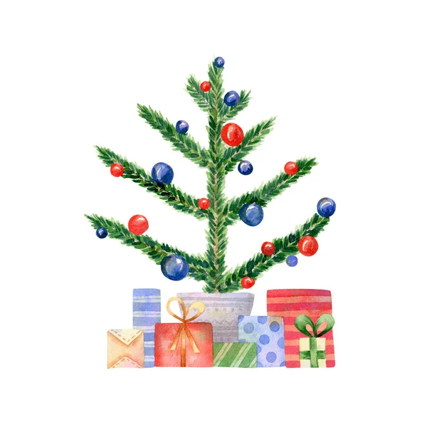 プレゼントイラスト付き水彩クリスマスツリー グリーティングカードのデザイン 休日の装飾のための赤 青のギフトボックスとクリスマスツリーの装飾 — ストック写真