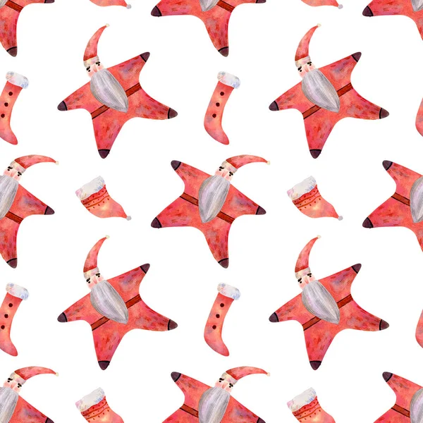 Безшовний Візерунок Санта Клауса Акварельний Фон Червоним Сантою Шкарпетками Капелюхом — стокове фото