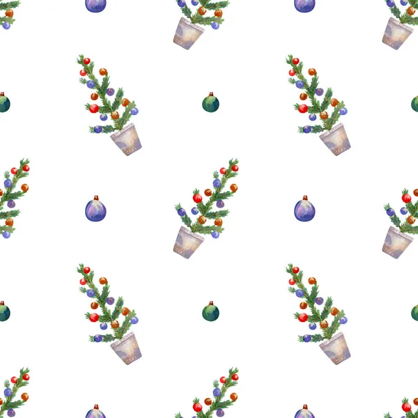 シームレスなクリスマスツリーパターン 緑と青の装飾が施された水彩の背景 包装紙のためのバケツのクリスマスツリー 休日の繊維 — ストック写真