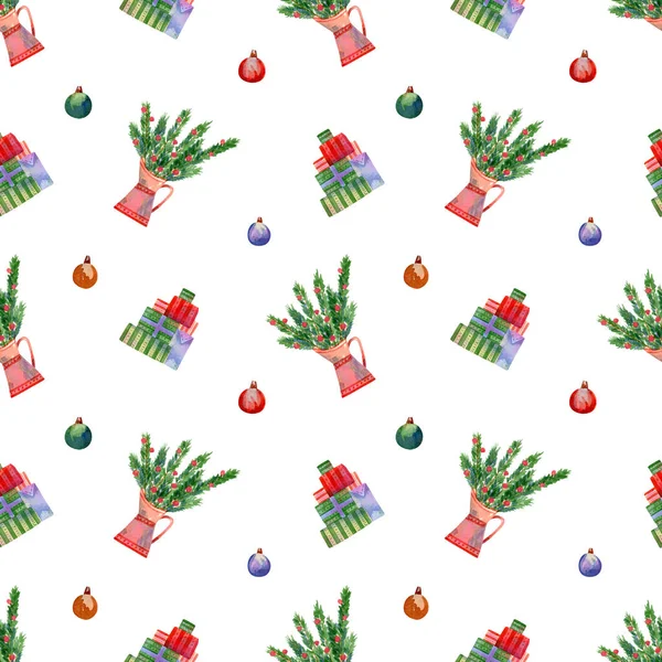 シームレスなクリスマスツリーとパターンを提示します 青のギフトボックス ジャグのクリスマスツリーの枝 包装紙の装飾 休日の繊維と水彩の背景 — ストック写真