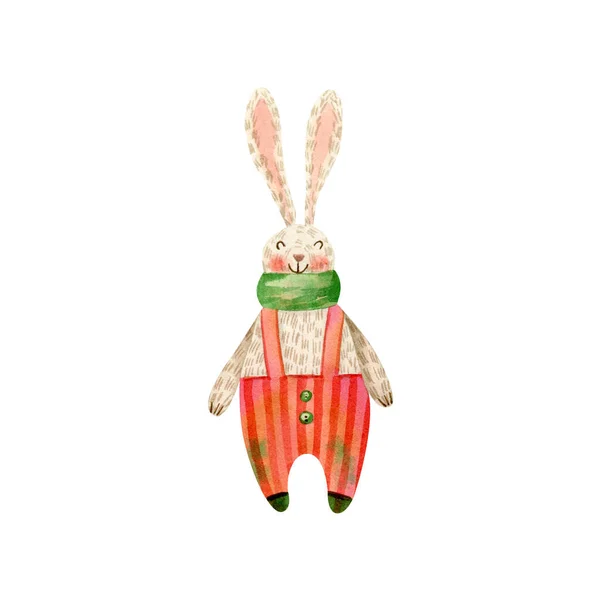 Watercolor bunny illustration. Cartoon bunny in green scarf and red overalls. Cute rabbit, hare for greeting cards design, holidays souvenirs