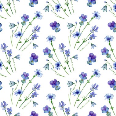 Seamless blue wildflowers pattern. Watercolor floral background with chicory flowers, pansies, bluebell flower, cornflower for textile, wallpapers