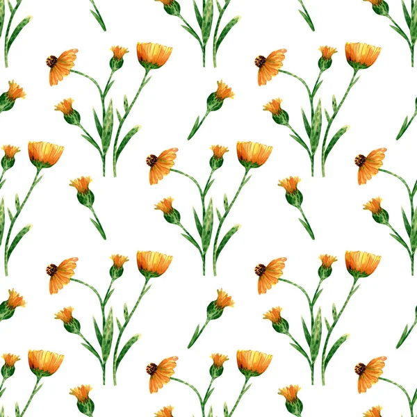シームレスなカレンデュラの花パターン 黄色とオレンジの野花 緑の葉で水の色の背景 壁紙のための植物の装飾 — ストック写真