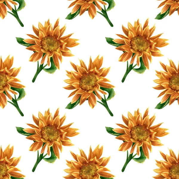 シームレスなひまわりのパターン 黄色とオレンジの花と水彩花の背景 夏の装飾のための緑の葉 — ストック写真