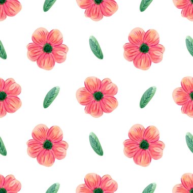 Kusursuz çiçek deseni. Suluboya arkaplan pembe soyut çiçekler ve tekstil için yeşil yapraklar, duvar kağıtları, ev dekorasyonu