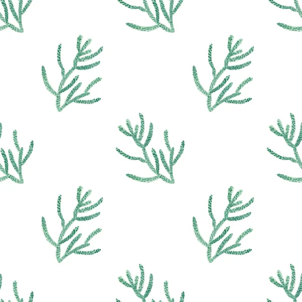 无缝花花纹 带有抽象绿色植物和茎的水彩背景 用于纺织品的珊瑚 家居装饰 — 图库照片