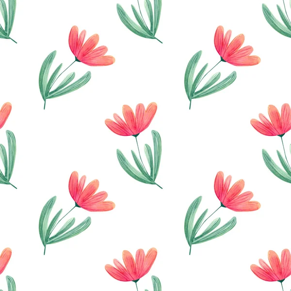 Nahtloses Blumenmuster Aquarell Hintergrund Mit Rosa Abstrakten Gänseblümchenblümchen Grünen Blättern — Stockfoto