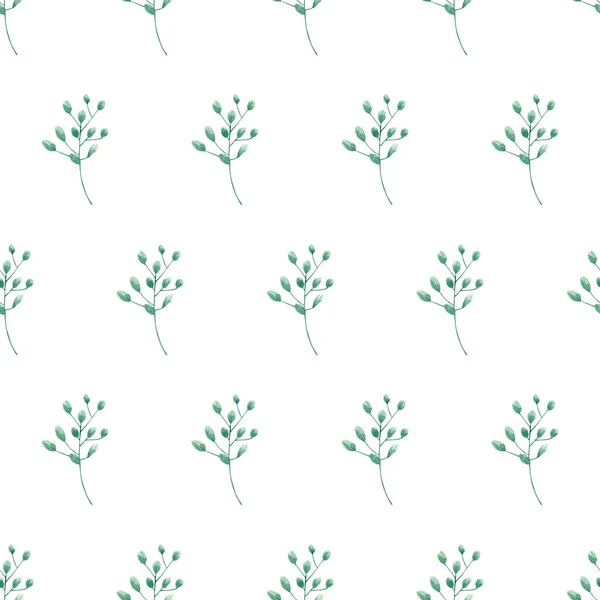 无缝制草本图案 带有叶子和茎的抽象绿色计划的水彩背景 用于纺织品 家居装饰 — 图库照片