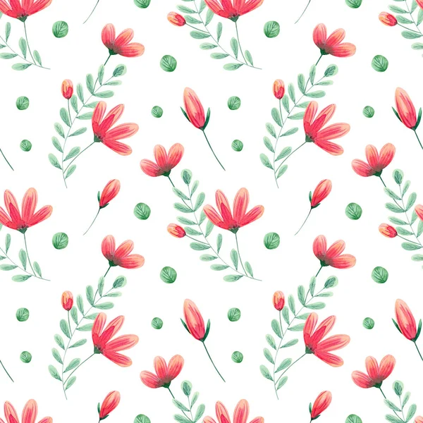无缝花花纹 水彩背景 带有抽象的红色和粉色菊花 花蕾和叶子 用于纺织品 家居装饰 — 图库照片