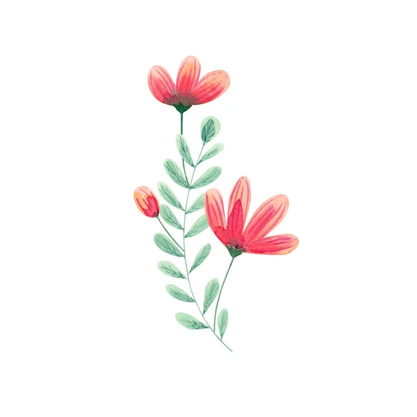 Ilustração Composição Floral Flores Rosa Vermelhas Abstratas Com Folhas Verdes — Fotografia de Stock