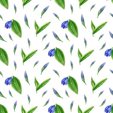 Kusursuz menekşe çiçekli desen. Mavi ve mor çiçekli suluboya arkaplan, tekstil, duvar kağıdı, ambalaj için tomurcuk ve yeşil yapraklar