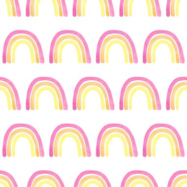 Kusursuz gökkuşağı deseni. Çocuklar için pembe, sarı, turuncu gökkuşakları olan suluboya arkaplan duvar kâğıdı, ambalaj, tekstil baskıları