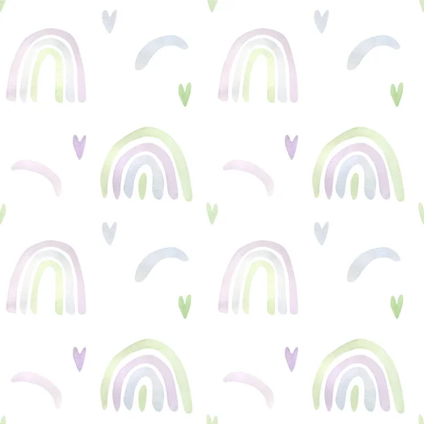 Seamless kids rainbows pattern. Watercolor background with green, violet, blue rainbows and hearts for children wallpaper, wrapping, textile prints