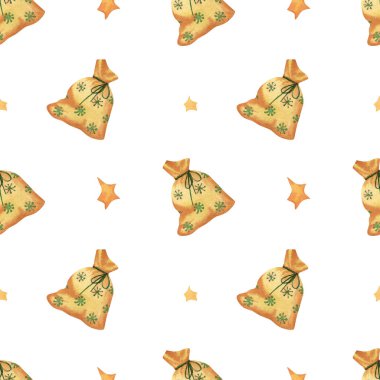 Hediyelerle dolu çantalı kusursuz noel desenleri, yıldızlar. Tatil ambalajı için suluboya arka plan, çocuklar tekstil