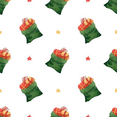 Yeşil çantalı ve yıldızlı kusursuz noel şablonu. Tatil ambalajı için suluboya arka plan, çocuklar tekstil