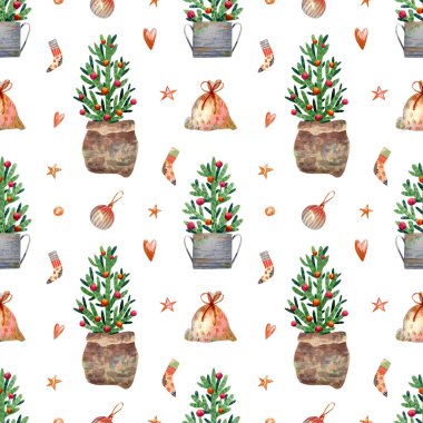 Kusursuz noel ağacı deseni. Tekstil, ambalaj kağıdı, bayram dekoru gibi karikatür tarzında dekorasyonları olan suluboya arkaplan