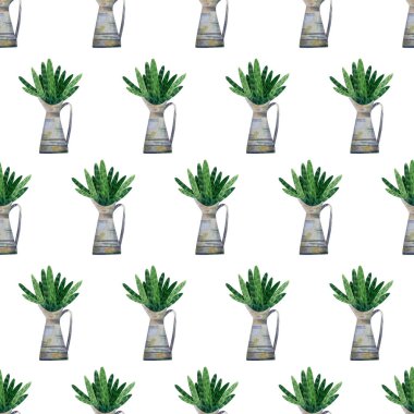 Sürahi desenli kusursuz noel ağacı. Yeşil ağaç dalları olan suluboya arkaplan ve tekstil için demir sürahi, ambalaj kağıdı, tatil dekorasyonu