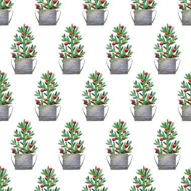 Kova desenli kusursuz noel ağacı. Ağaç dalları ile suluboya arkaplan ve tekstil, ambalaj kağıdı, tatil dekorasyonu