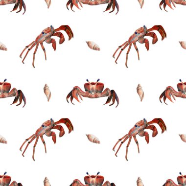 Kusursuz yengeç deseni. Tekstil, duvar kağıtları ve ambalaj kağıtları için deniz piyadesi ile suluboya arka plan