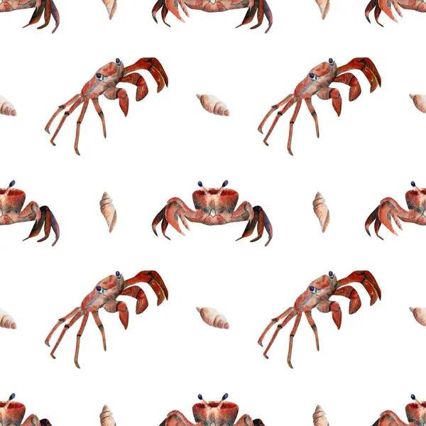 Kusursuz yengeç deseni. Tekstil, duvar kağıtları ve ambalaj kağıtları için deniz piyadesi ile suluboya arka plan