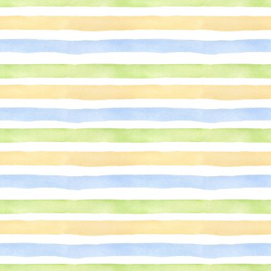 Kusursuz çizgili arka plan. Suluboya el, kumaş dokusu, duvar kâğıdı, ev dekoru baskıları için yeşil, sarı, mavi pastel renkte renkli desenler çizdi.