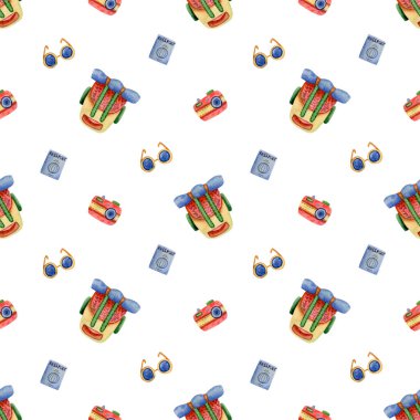 Yaz kampı geçmişi. Kamp çantası, pasaport, fotoğraf makinesi, tekstil, kumaş ve duvar kağıtları için güneş gözlüğü çizimleri olan kusursuz suluboya deseni.