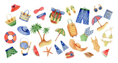 Yaz tatili öğeleri koleksiyonu. Palmiyelerin, şortların, mayoların, şapkaların, plaj çantalarının, yüzme maskesinin, valizlerin, kamp çantalarının suluboya resimleri.