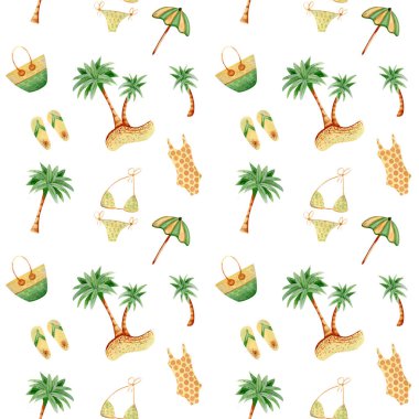 Merhaba yaz tatili geçmişi. Plaj şemsiyeli kusursuz suluboya deseni, mayo, palmiye ağaçları, plaj çantası, terlik çizimleri tekstil, kumaş, duvar kağıtları.