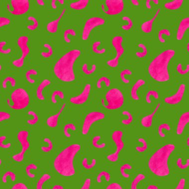 Psikedelik suluboya deseni. Kusursuz arkaplan, soyut yeşil ve pembe karşıt geometrik süs, tekstil, kumaş, duvar kağıtları için