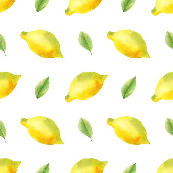 Suluboya limon deseni. Limon, sarı meyve ve kumaş, duvar kâğıdı ve ambalaj kağıdı için yapraklardan oluşan kusursuz çiçek deseni. 