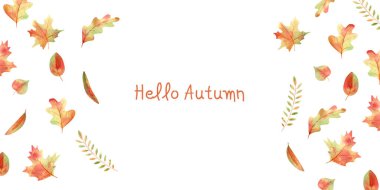 Merhaba sonbahar suluboya afişi. Meşe, akçaağaç, huş ağacı ve söğüt yapraklarıyla el çizimi. Çerçeve, arkaplan sıcak renklerde