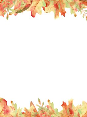 Sonbahar yaprakları şablonu. Düğün için meşe, akçaağaç, huş ağacı ve söğüt yaprağı resimli suluboya çerçeve, gelin partisi, doğum günü, yıldönümü, tarihi kaydet