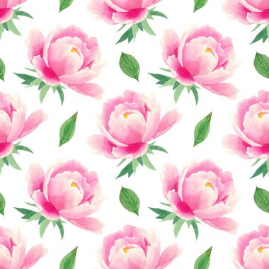 Kusursuz şakayık geçmişi. Narin pembe çiçekli suluboya el resmi ve tekstil, kumaş dokusu, duvar kağıtları için yeşil yapraklar.