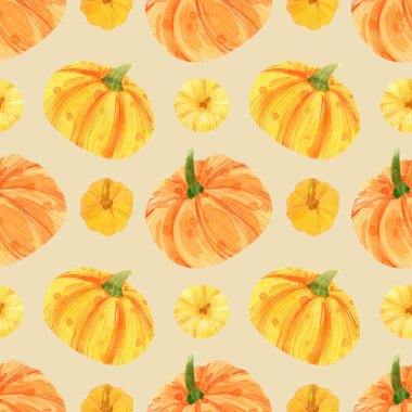 Suluboya balkabağı arka planı. Cadılar bayramı ve sonbahar tekstili, kumaş dokusu, duvar kağıtları, dekor için bej zemin üzerinde sarı ve turuncu balkabağı desenli kusursuz desen