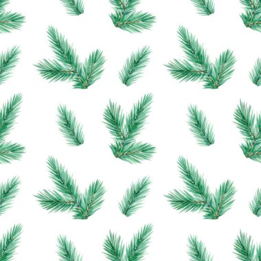 Noel ağacı arkaplanı. Ambalaj kağıdı, tekstil baskısı, kumaş dokusu, bayram duvar kağıdı için yeşil ve mavi noel ağacı resimli kusursuz suluboya deseni.
