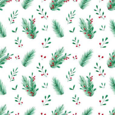 Noel ağacı, kutsal çilek arka planı. Yeşil ve kırmızı noel ağacı dallı kusursuz suluboya deseni ve ambalaj kağıdı, tekstil, kumaş, bayram duvar kağıdı için çoban üzümü.