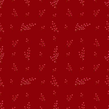 Noel arkaplanı. Ambalaj kağıdı, tekstil baskısı, kumaş, tatil duvar kâğıdı için kahverengi ve kırmızı çoban üzümü dalı resimli kusursuz suluboya deseni.