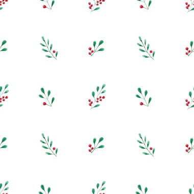 Noel 'in kutsal dut arka planı. Kutsal böğürtlen dallarıyla kusursuz suluboya deseni ve ambalaj kağıdı, tekstil, kumaş, tatil el sanatları için çizimler bırakıyor.