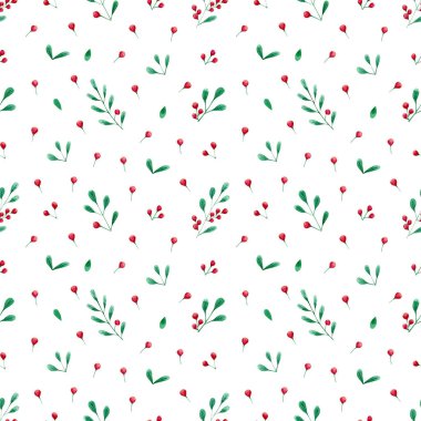 Noel 'in kutsal dut arka planı. Kutsal böğürtlen dalları ve yapraklarla kusursuz suluboya deseni. Sarma, tekstil, tatil kumaşı için dijital kağıt