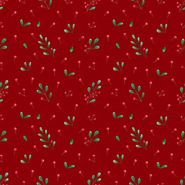 Noel 'in kutsal dut arka planı. Kutsal böğürtlen dalları ve yapraklarla kusursuz suluboya deseni. Paket, tekstil, tatil kumaşı için kırmızı dijital kağıt